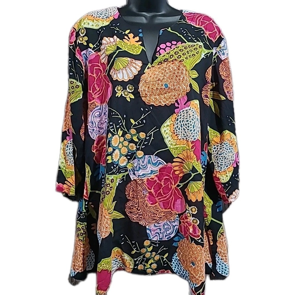 KikiSol Vibrant Floral Tunic XL Lightweight 100% Cotton Split Neck Tropical